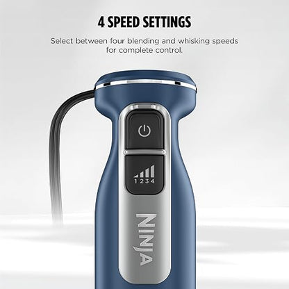 Licuadora y batidor de inmersión ninja con barra de mano, 4 velocidades, con SplatterShield y PanProtect, recipiente de mezcla de 4 tazas, apto para lavaplatos, cable de 5 pies, ergonómico, azul
