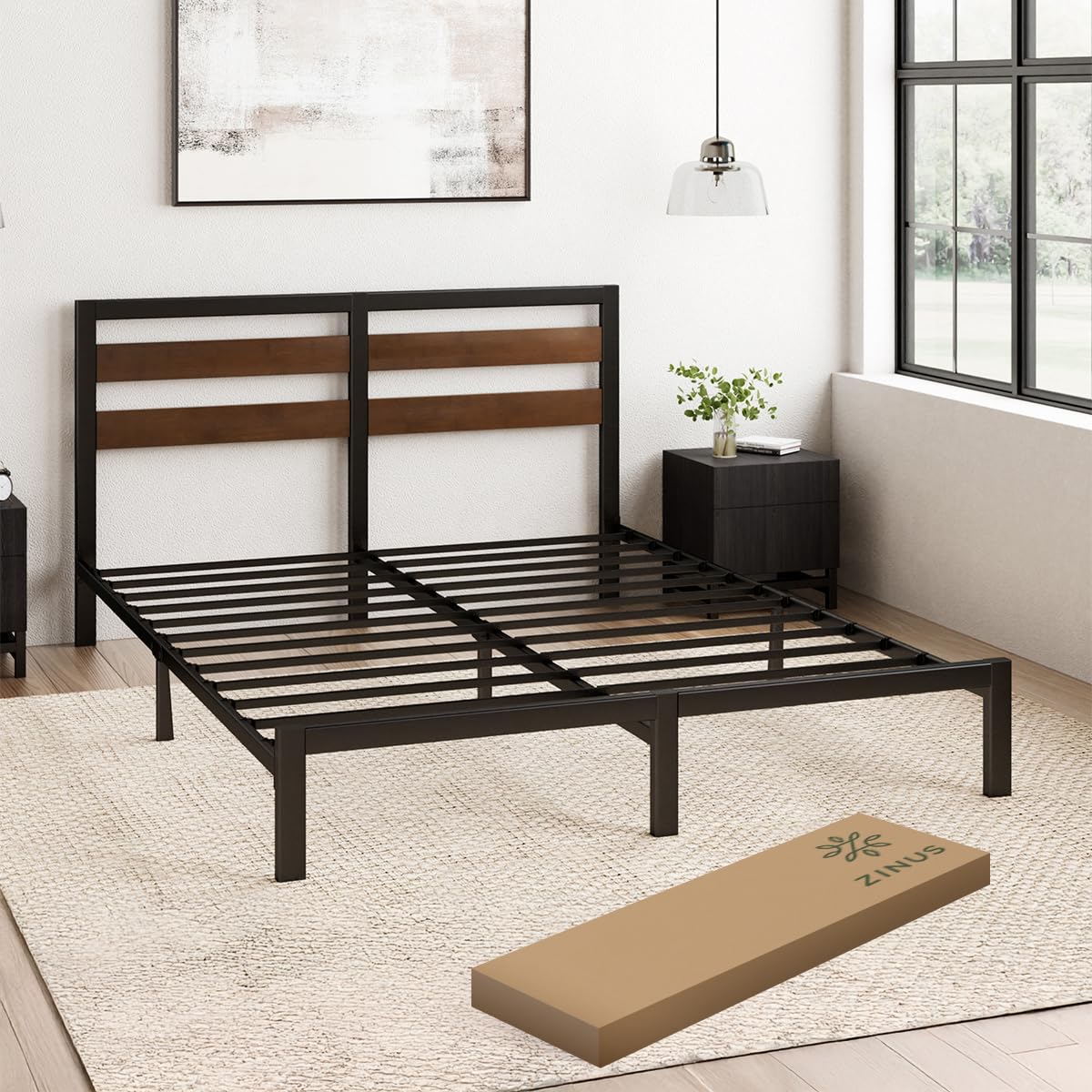 Zinus Shen | Base de Cama con Cabecera Metálica con Bamboo Individual Color Negro Estilo Contemporáneo 9 Patas y Listones de Fácil Armado | Embalaje en Caja