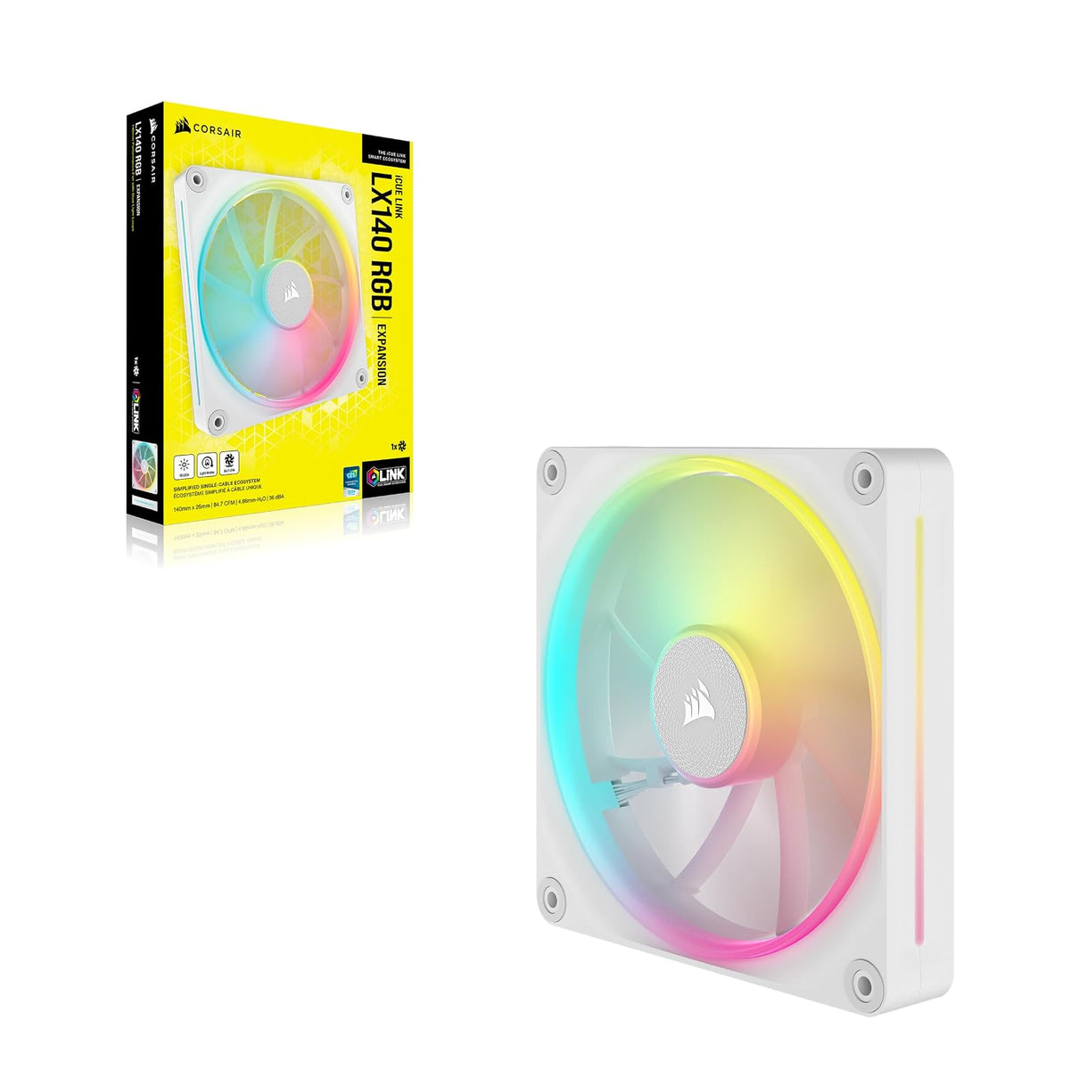 Corsair iCUE Link LX140 RGB Ventilador PWM de 140 mm, Paquete Individual, Doble luz de Bucle – Requiere iCUE Link System Hub (se Vende por Separado) – Tecnología Corsair AirGuide – Blanco