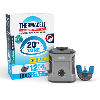 Thermacell Repelente de mosquitos recargable Adventure EX-Series EX90; escudo de patio con batería de 9 horas, incluye repuesto de 12 horas, armadura de goma y mosquetón; alternativa a pulverización