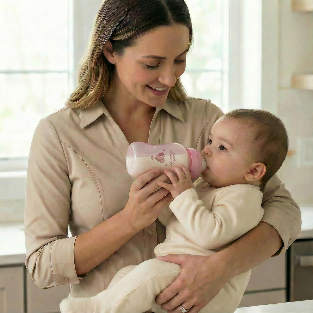 Evenflo Advanced Biberones Anticólicos Cuello Ancho, Rosa y Lila, Flujo Medio, 270ml, Silicón Libre de BPA, Sistema Doble Válvula, 2 Piezas