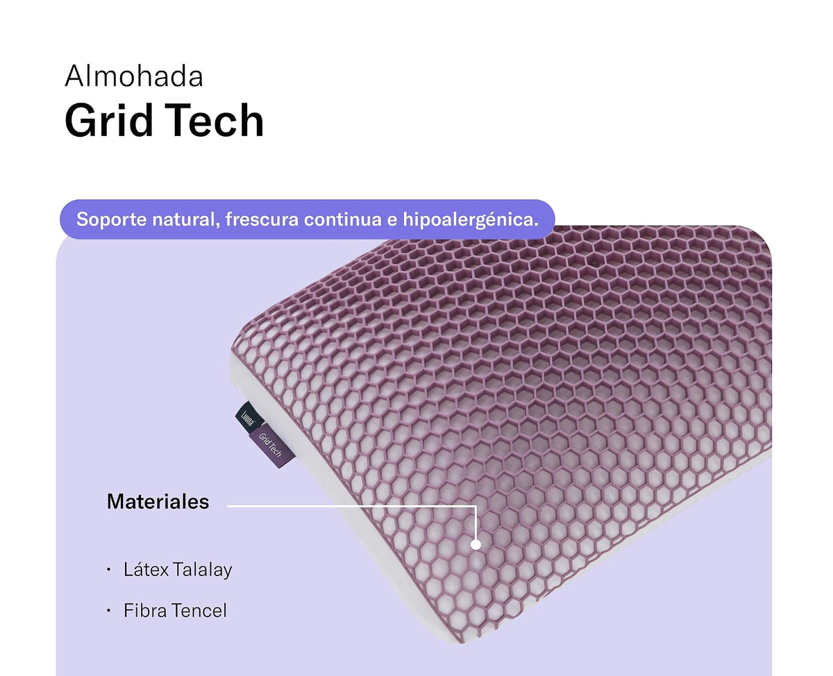Luuna - Almohada Grid Tech, Suave y Fresca, Hecha de Látex Talalay de Calidad Superior, Hipoalergénica, Soporte y Confort, Color Blanco, Marca Mexicana, Tamaño Estándar