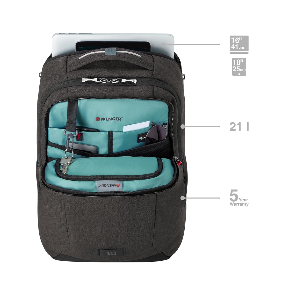 Wenger 611641 Mochila MX Profesional para portatil de hasta 16 pulgadas, Tablet de hasta 10 Pulgadas, 21 litros, Mujeres Hombres, Negocios, Universidad, Viaje Escolares, Color Negro