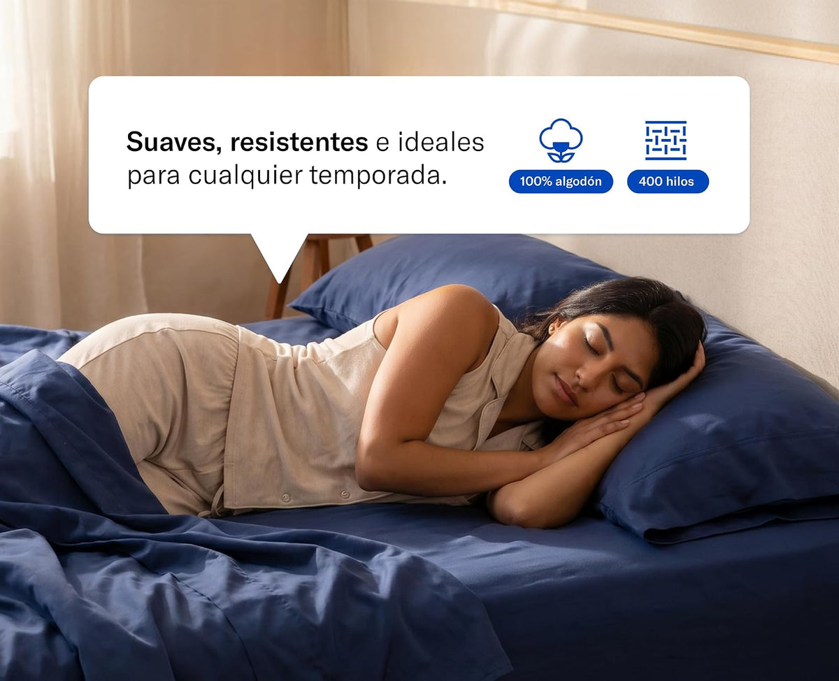 Luuna Juego de Sábanas Matrimonial de Algodón Tipo Satín 400 Hilos, 1 Juego de 4 Piezas, Suaves, Frescas, Transpirables y Antimicrobianas, Alta Calidad, Marca Mexicana (Azul)