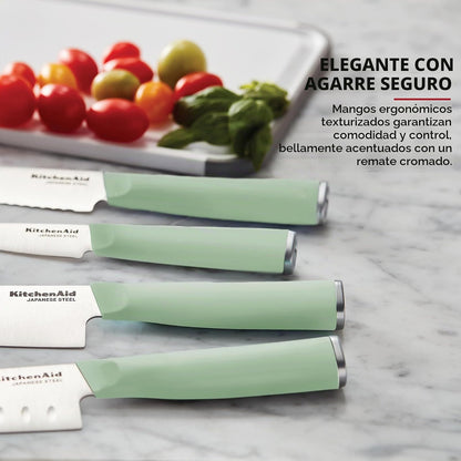 KitchenAid - Juego de chef con cubiertas de ajuste personalizado, cuchillo de cocina afilado, hoja de acero inoxidable japonés de alto carbono, 4 piezas, pistacho