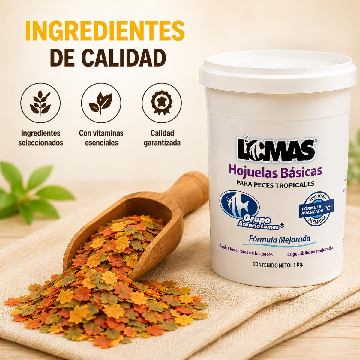 Lomas Alimento en Hojuelas para Peces Tropicales 1 kg, Fórmula con Vitamina C, Realza Colores y Apoya el Sistema Inmune