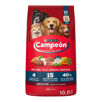 Purina Campeón Adulto Todos los Tamaños Sabor Pollo, Carne y Vegetales 10Kg