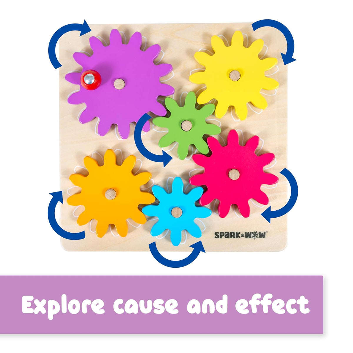SPARK & WOW Spinny Gears - Tabla de Engranajes de Madera con 6 Piezas en 3 tamaños - Rompecabezas de Engranajes para niños - CREA Combinaciones Coloridas y giratorias