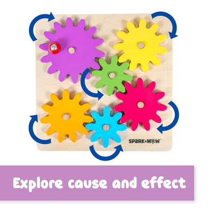 SPARK & WOW Spinny Gears - Tabla de Engranajes de Madera con 6 Piezas en 3 tamaños - Rompecabezas de Engranajes para niños - CREA Combinaciones Coloridas y giratorias