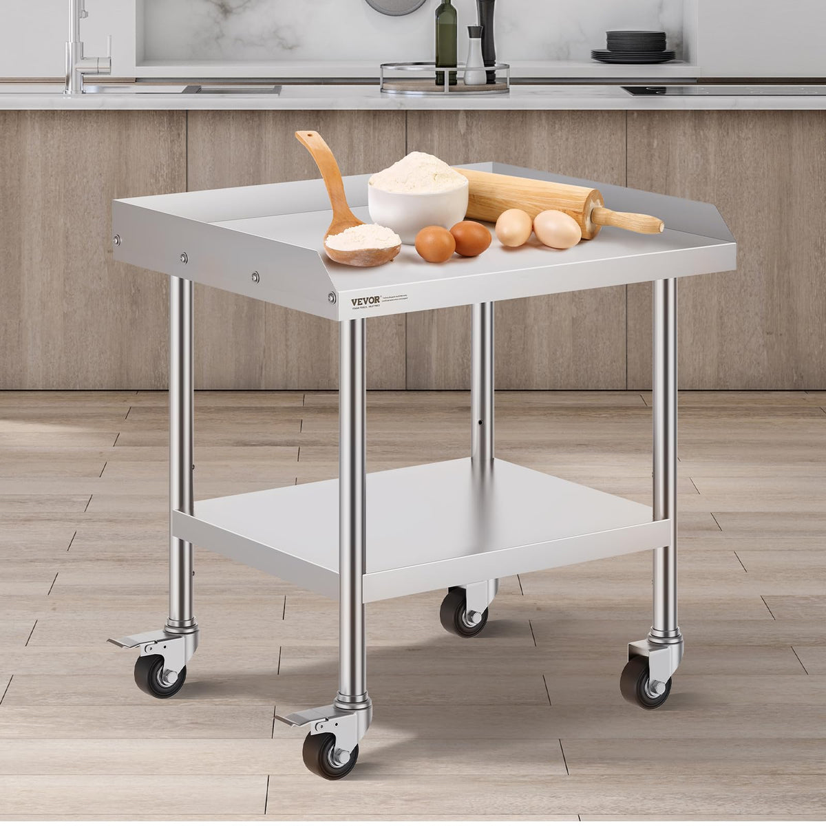 VEVOR Mesa de Trabajo de Acero Inoxidable Mesa de Trabajo Comercial para Preparación de Alimentos con 4 Ruedas Salpicadero de 3 Lados Mesa de Trabajo 610x711x762 mm Mesa de Trabajo para Restaurante