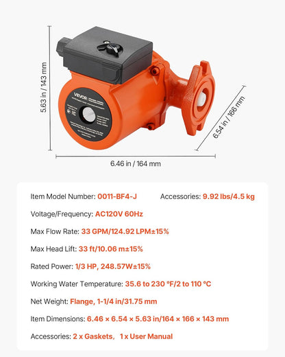 VEVOR 0011-BF4-J Bomba circuladora de hierro fundido, 33 GPM, AC 120 V 33 pies Bomba de circulación de recirculación de agua caliente, conexión de brida de 1-1/4 pulgadas, ajuste de 3 velocidades