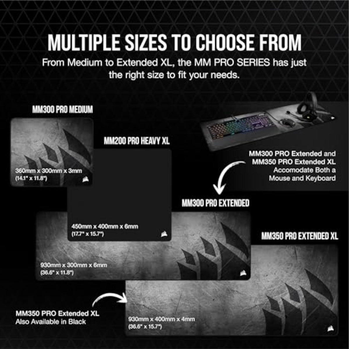 Corsair MM300 PRO Alfombrilla Tela a Prueba de Derrames para Juegos, Superficie 93 cm x 30 cm, Microtejido, Goma Afelpada gruesa 3 mm, Base Goma Texturizada Antideslizante, Extendido, Negro/Gris