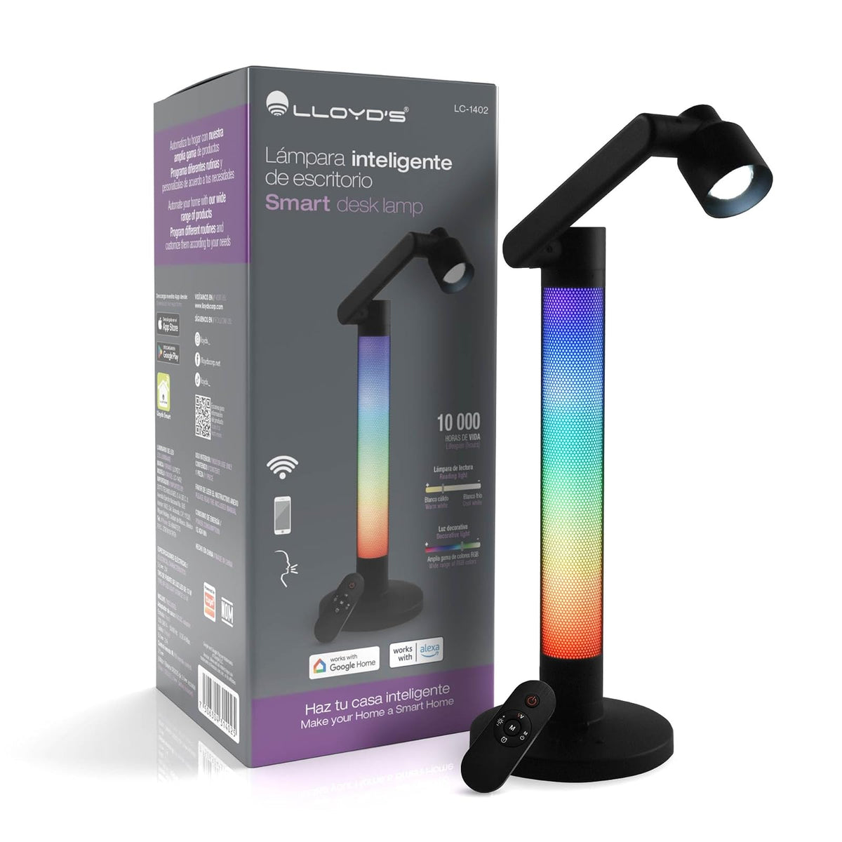 Lloyd's Lámpara Escritorio WiFi RGB control por App y Voz, Brazo Ajustable | Luz blanca fría y cálida, sincroniza al ritmo de la música, 250 lm, compatible con asistentes virtuales