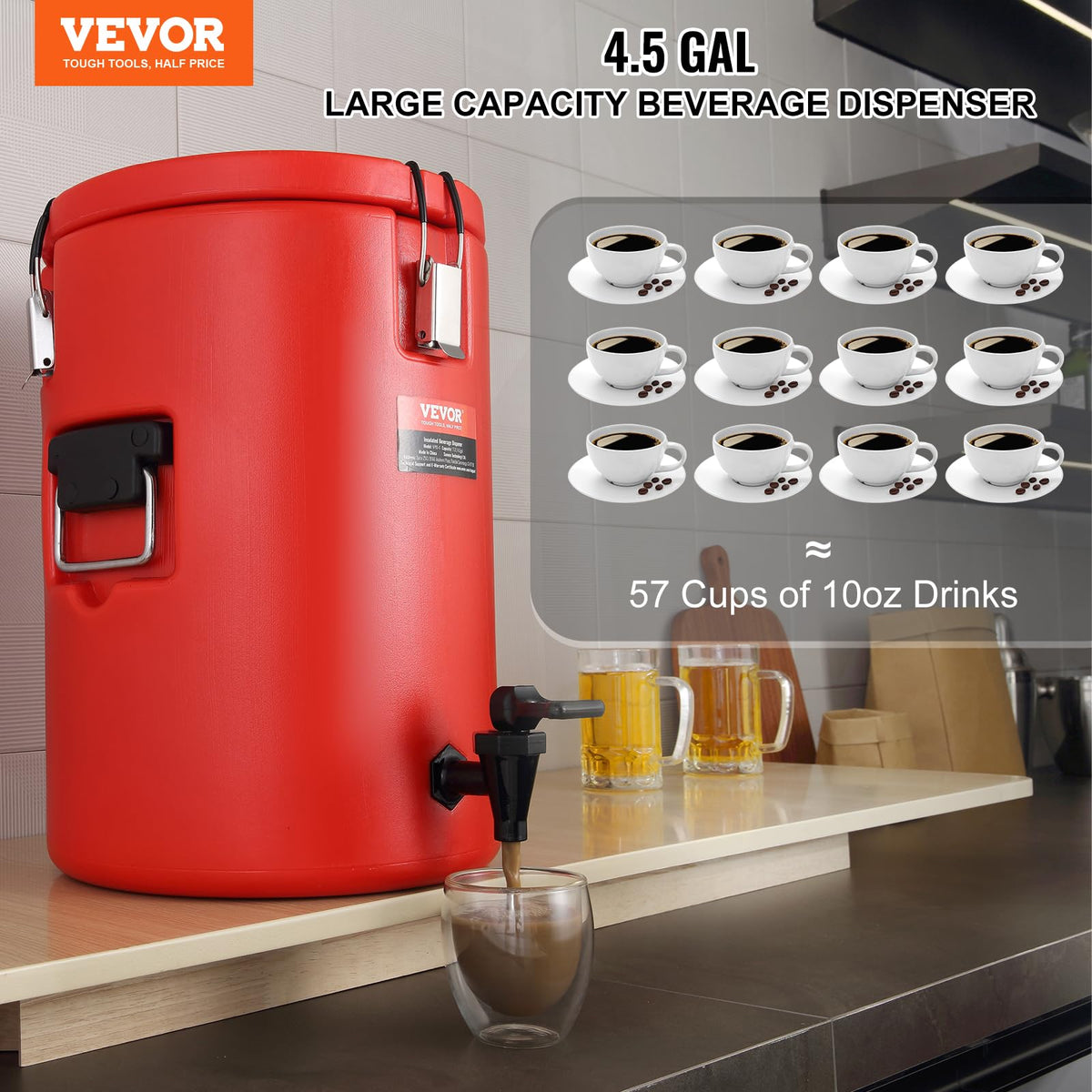 VEVOR Dispensador de bebidas aislado de acero inoxidable, 4.5 galones 17.2 litros, dispensador térmico de bebidas calientes y frías con mango de espita, grado alimenticio para té caliente, café, agua