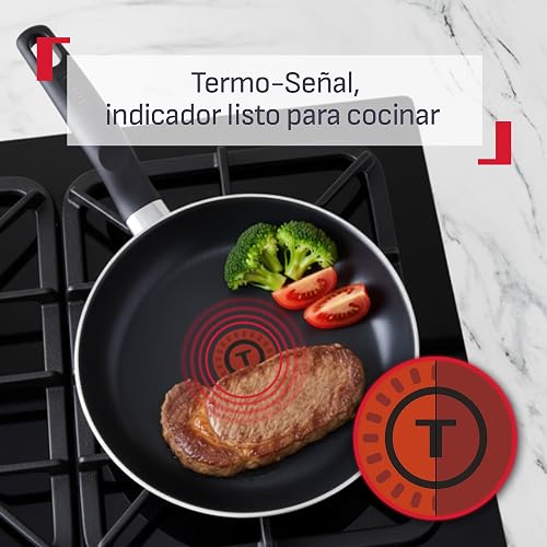T-FAL Juego de sartenes easy cook negro cubierta antiadherente para una cocina fácil con indicador de calor thermo-señal y base de difusión. Medidas de sartén 20, 24 y 26 cm, B4440482AMAM