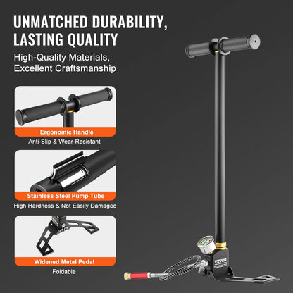 VEVOR 4500PSI Inflador de Aire Inflador de Bomba de Mano 310BAR，Bomba Manual de Alta Presión, 3 Etapas hasta 4500 PSI, Bomba de Mano de Alta Presión para Neumáticos y Pistolas Neumáticas Precargadas
