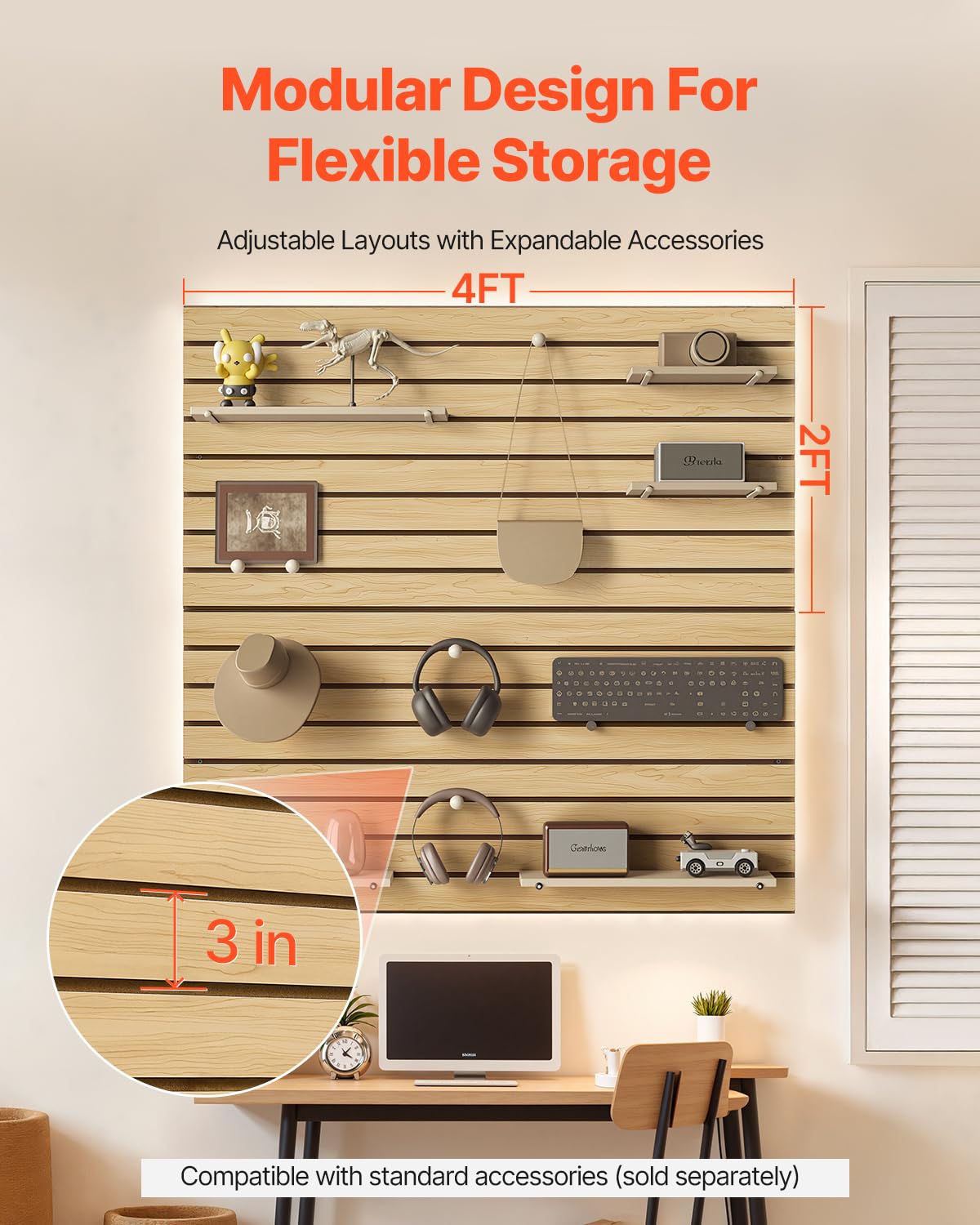 VEVOR - Paneles de pared de listones, 4 x 4 pies, tablero de madera MDF con diseño modular, fácil de instalar, panel de listones ajustables con estructura de acoplamiento
