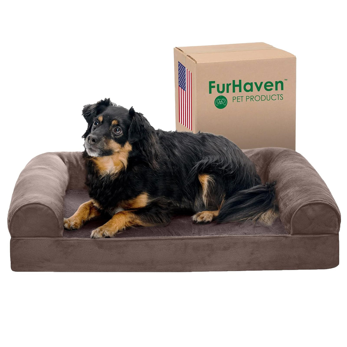 Furhaven Cama Ortopédica Estilo Sofá para Perro, Terciopelo y Piel Sintética - Sofá cama (espuma ortopédica de la caja de Egg - Medium (Pack of 1) - Terciopelo Driftwood café