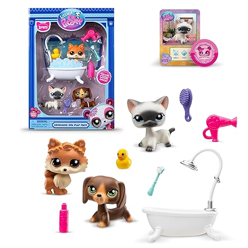 Littlest Pet Shop – Paquete SPA de Mascotas – Juego de Figuras coleccionables y Grooming para niñas – 3 Mascotas con Accesorios