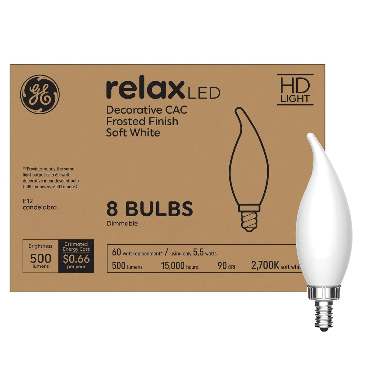 GE Relax - Bombillas LED, acabado esmerilado decorativo, reemplazo de 60 W, blanco suave, base de candelabro, regulable (paquete de 8)
