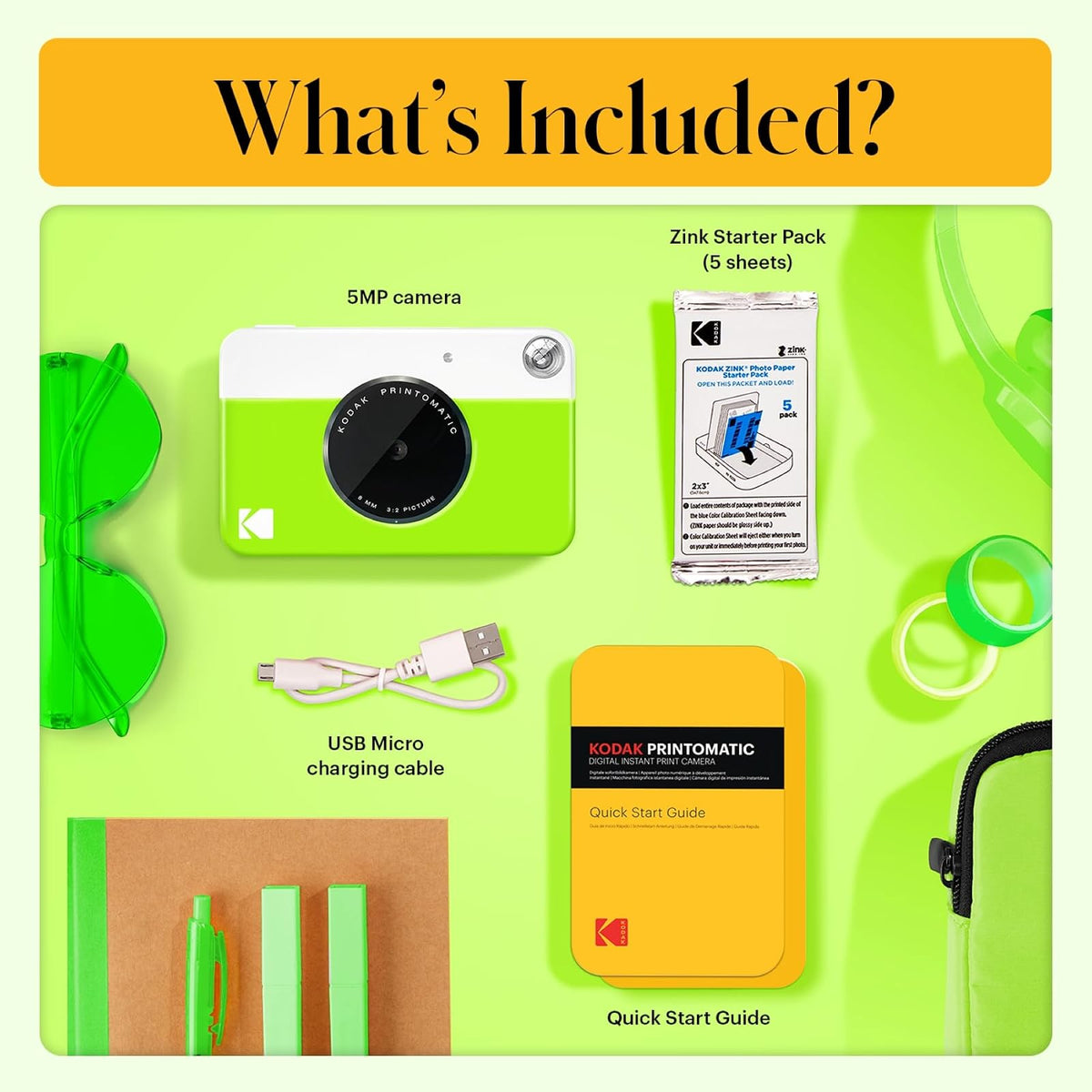 Kodak Cámara Digital de impresión instantánea (Verde)Impresión a Todo Color en Papel Fotográfico Zink 2 x 3 Pulgadas Papel Adhesivo– Imprime Recuerdos al Instante