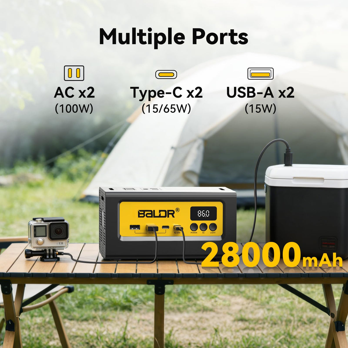BALDR Estación de energía portátil de 28000 mAh, 90 Wh LiFePO4 batería de reserva para camping, generador solar de carga rápida con toma de CA de 150 W, banco de energía de máxima potencia para