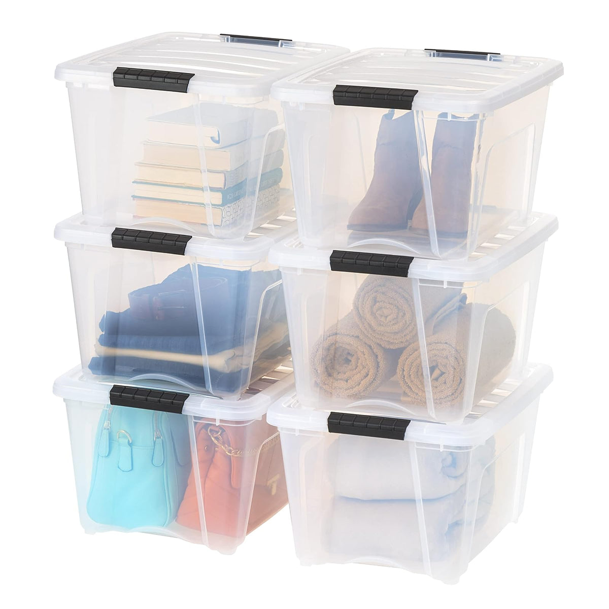 IRIS USA 6 Contenedores de 32 Qt con Tapa, Transparentes | Diseño transparente para ver el contenido fácilmente. Ideal para ropa de cama, decoración y clóset. Diseño anidable.