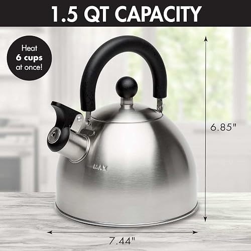 Primula Stewart - Hervidor de té de acero inoxidable de grado alimenticio, agua caliente rápida de hervir, plegable al tacto frío, 1.5 cuartos de galón, cepillado con mango negro