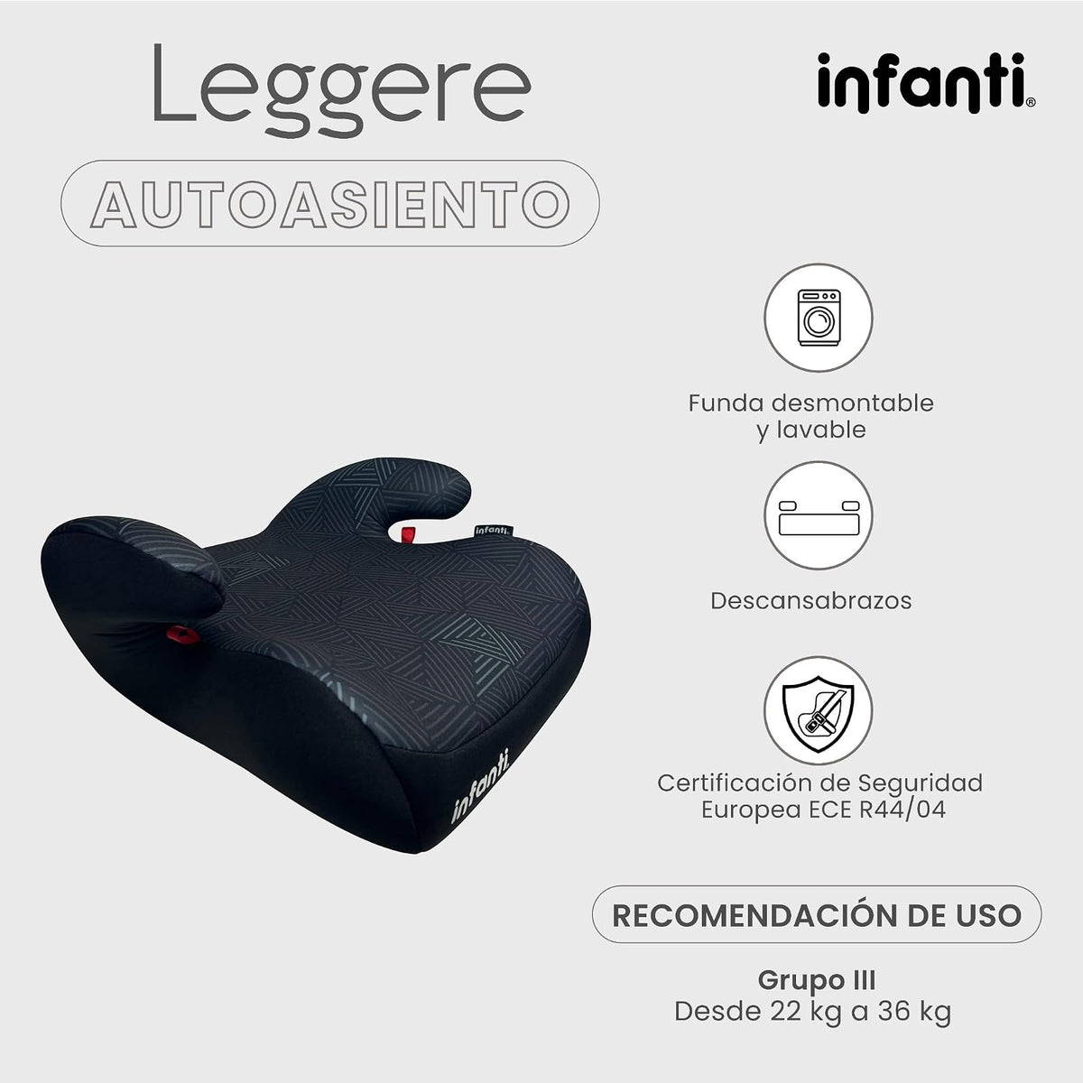 Infanti Autoasiento Booster LEGGERE Grupo III | Silla Elevadora para Niños de 22 a 36 kg (6-12 Años) | Ultra Ligero y Portátil | Funda Removible y Fácil de Instalar | Color Negro