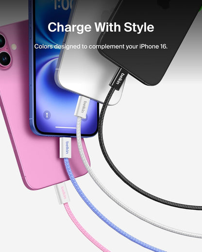 Belkin - Cable trenzado USB C a USB C de 60 W, paquete de 2 unidades, 3 m | iPhone 15/16/17, Samsung Galaxy S26, Pixel 10, Airpods, iPad, Nintendo Switch 2, MacBook, Steam Deck, viajes, Chromebook