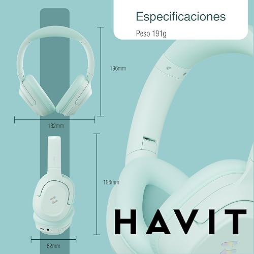 havit H612BT Pro Audífonos Inalámbricos Over-Ear, Ice Mint | Audífonos over-ear inalámbricos. Batería 40h, BT 5.3, baja latencia 60ms, micrófono y aislamiento pasivo. Ice Mint.