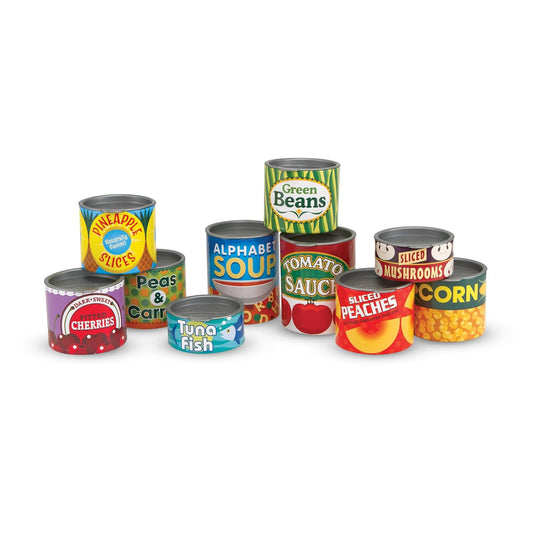 Melissa & Doug ¡Juguemos de Casita! Set de Alimentos Enlatados, Juego de Imitación, Tapas Abatibles, Construcción de Cartón Resistente (10 Latas)