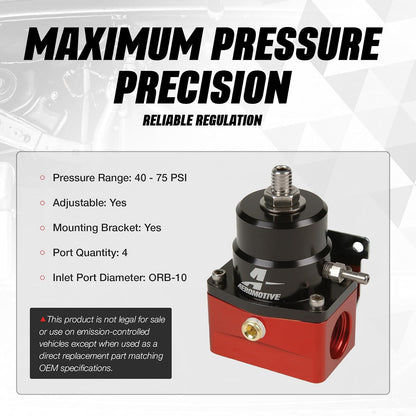 Aeromotive A1000 Regulador Combustible 13101 | Rojo, estilo retorno inyectado, ajustable 40-75 PSI