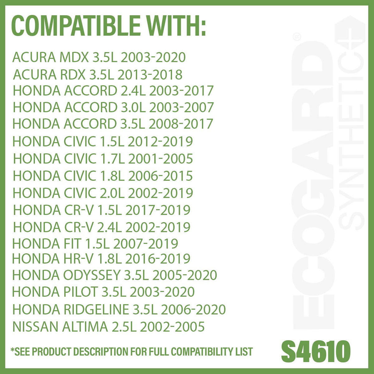 EcoGard Filtro de Aceite de Motor Sintético Giratorio S4610 para Honda Accord/CR-V/Civic/Pilot/Odyssey