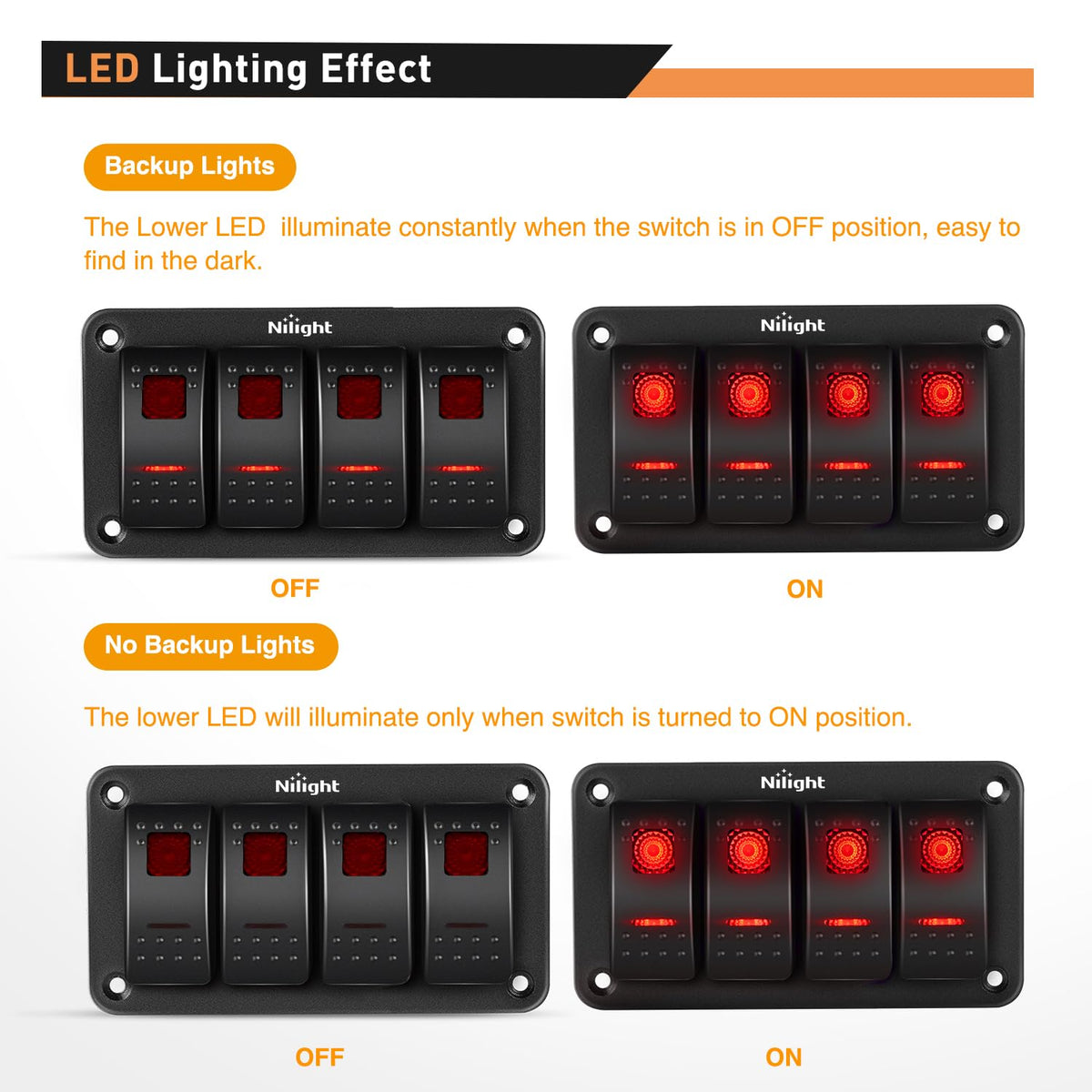 Nilight Panel de 4 Interruptores Basculantes 90135D, 5 Pines, Aluminio, 12/24 V, Retroiluminado Rojo