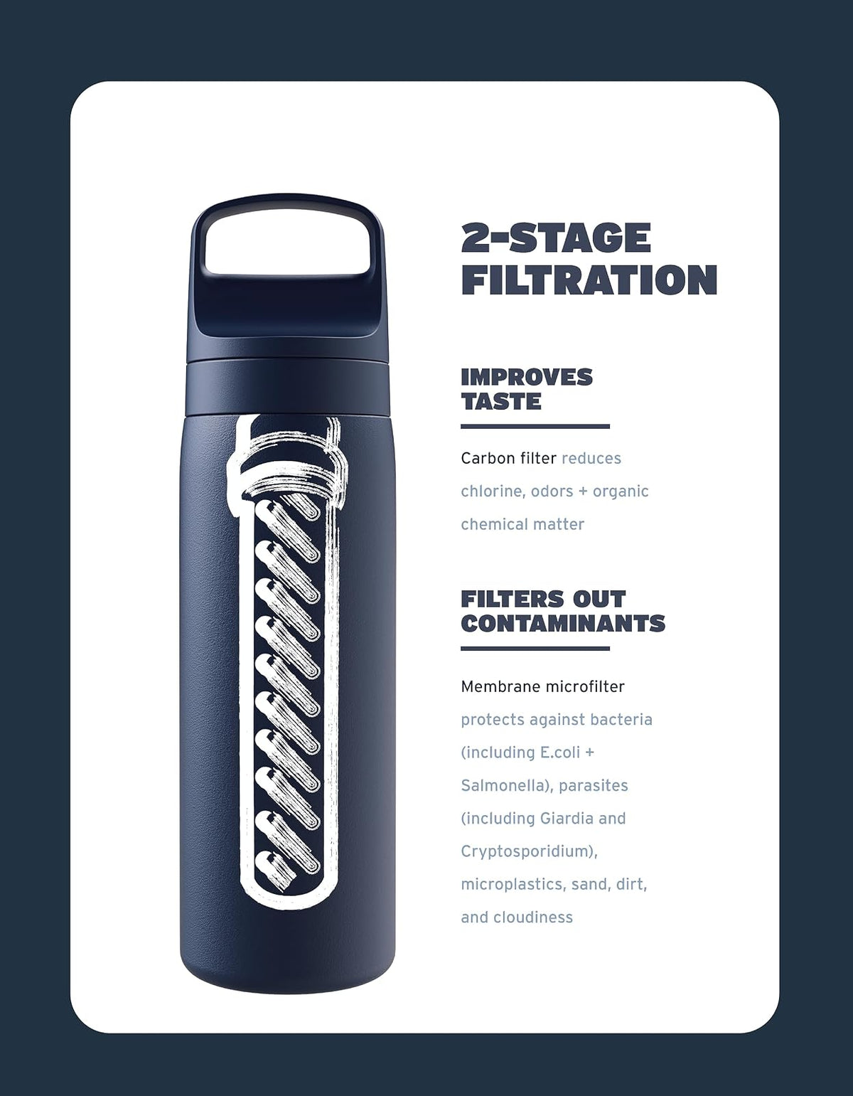 LifeStraw Go Series - Botella de filtro de agua de acero inoxidable con aislamiento al aspiradora de doble pared sin BPA de 18 onzas para viajes y uso diario; crema de mar