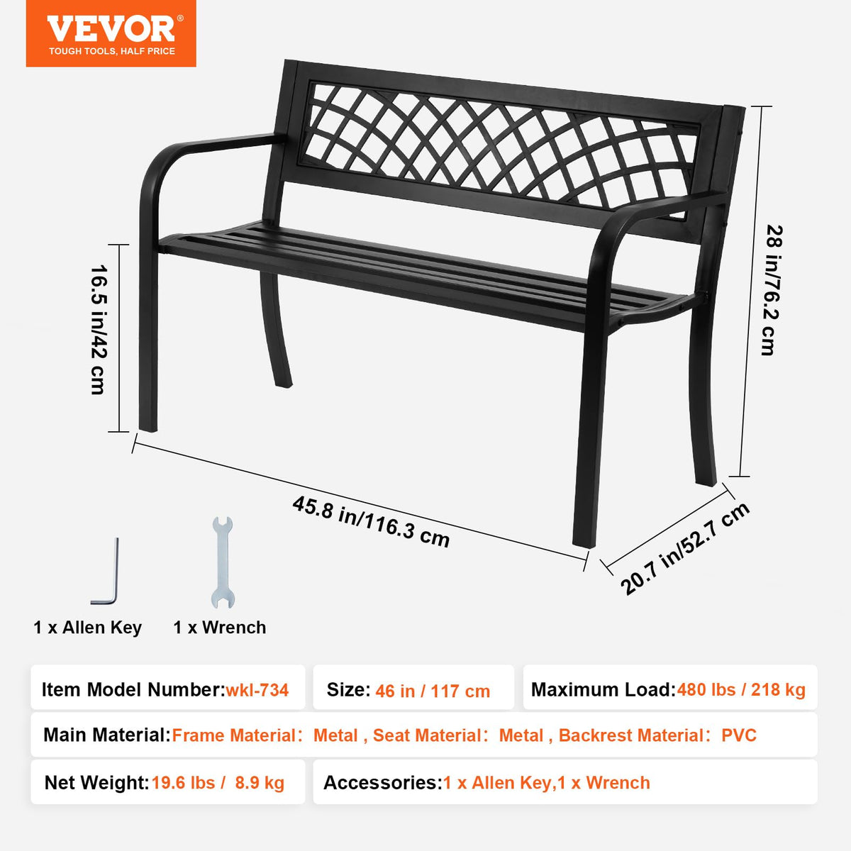VEVOR Banco de Parque, Banco de jardín de Metal de 116,3 cm para Exteriores, Capacidad de Carga de 218 kg, con Respaldo y reposabrazos, para jardín, Parque, Patio, Porche Delantero