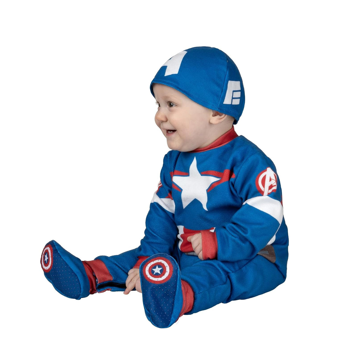 Marvel Captain America Official Infant Halloween Costume - Premium Minky Fabric Jumpsuit and Non-Slip Booties
