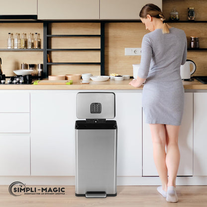 SIMPLI-MAGIC - Bote de basura de 50 litros y 13.2 galones de cierre suave, resistente a las manchas con pedal y filtro integrado, acero inoxidable, acabado elegante