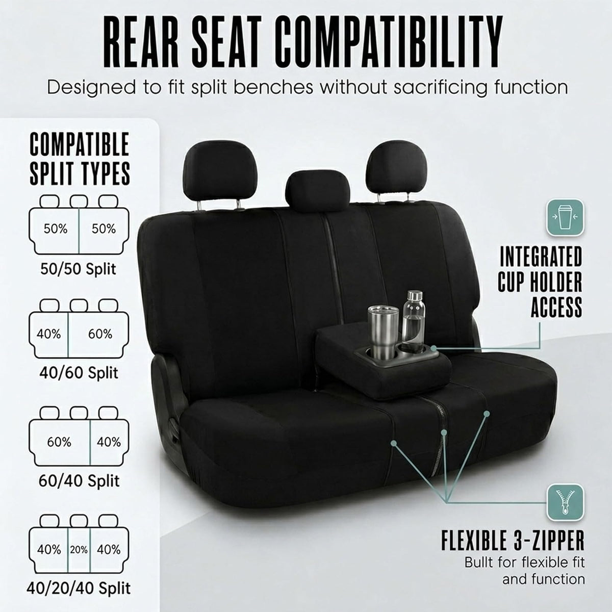 FH GROUP FB030BLACK115-COMBO Seat Cover Combo Set with Steering Wheel Cover and Seat Belt Pad (Airbag Compatible and Split Bench Black)