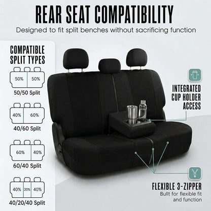 FH GROUP FB030BLACK115-COMBO Seat Cover Combo Set with Steering Wheel Cover and Seat Belt Pad (Airbag Compatible and Split Bench Black)