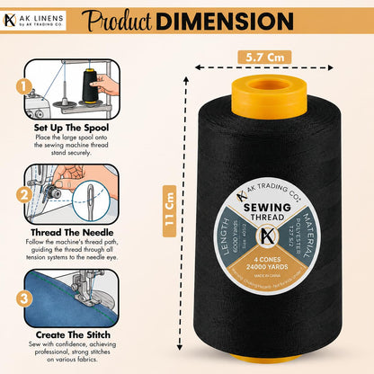 AK-Trading 4-Pack BLACK Serger Cone Thread (4000 yards each) of Polyester thread for Sewing, Quilting, Serger