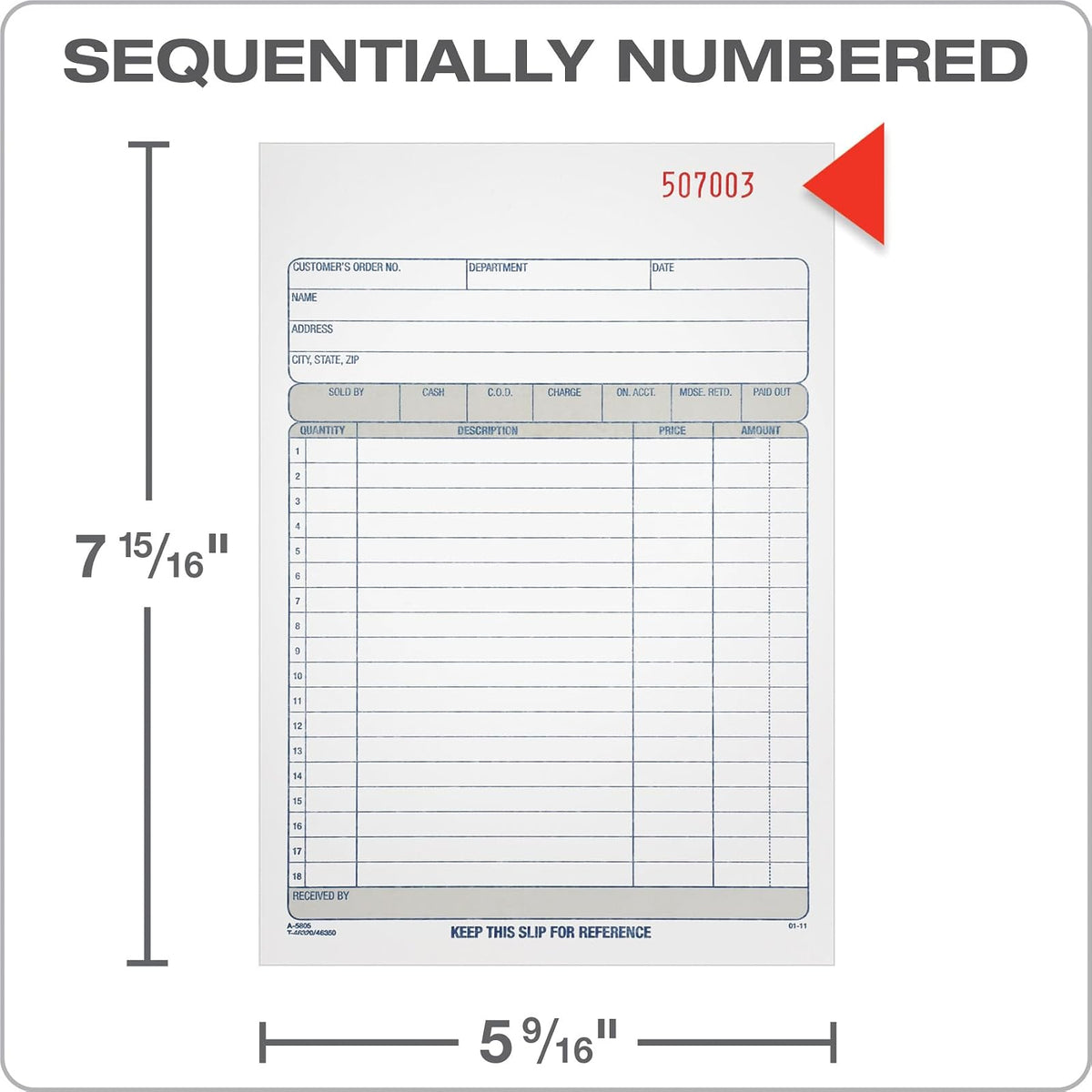 Adams Sales Order Book, 3-Part, Carbonless, White/Canary/Pink, 5-9/16 x 8-7/16 Inches, 50 Sets per Book (TC5805)