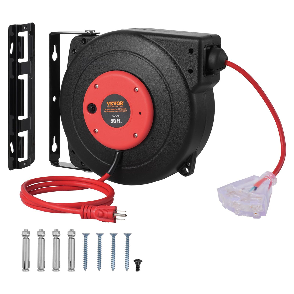 VEVOR Carrete de Cable de Extensión Retráctil, 15 m, Resistente, 14 AWG/3C SJTOW, con Toma de Corriente Triple Iluminada, Disyuntor de 13 A, Soporte Giratorio de 180° para Montaje en Techo o Pared