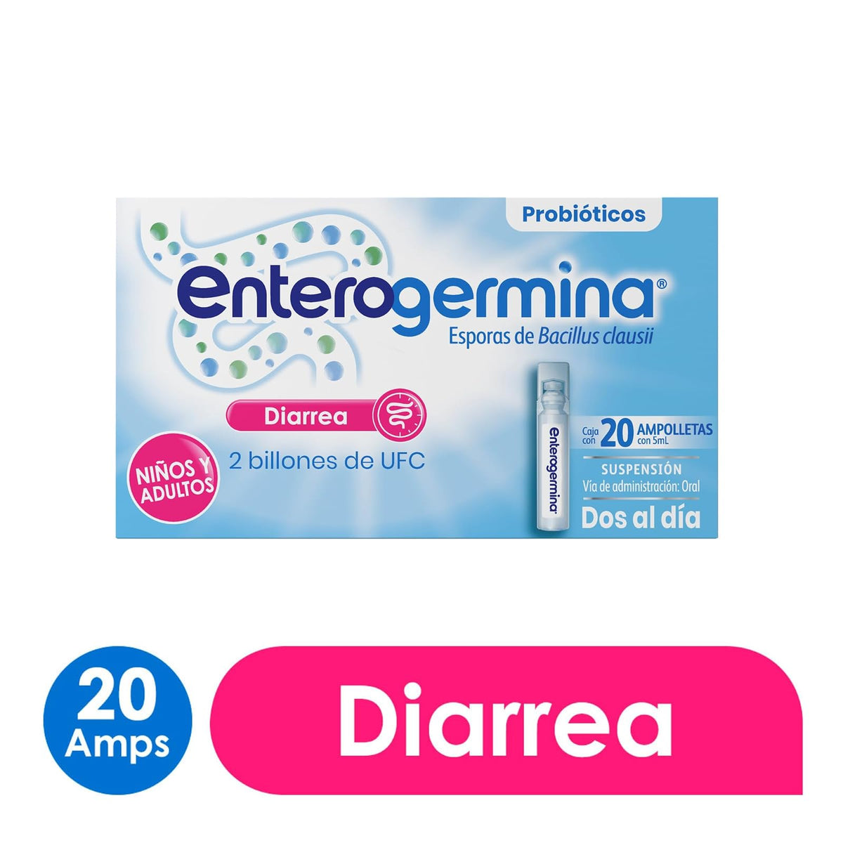 Enterogermina probióticos 2 billones, vial sin refrigeración, 20 amps.