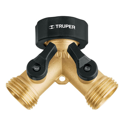 Truper AD-2X, Conector "Y" fundido en latón, válvula de cierre independiente, entrada 3/4"