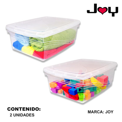 J Y Joy - Caja de Almacenamiento 21 litros, Pack de 2, para Organizar Armario, Juguetes, Ropa, con Cierre Click! y Agarraderas Reforzadas, Plástico Libre de BPA, Transparente