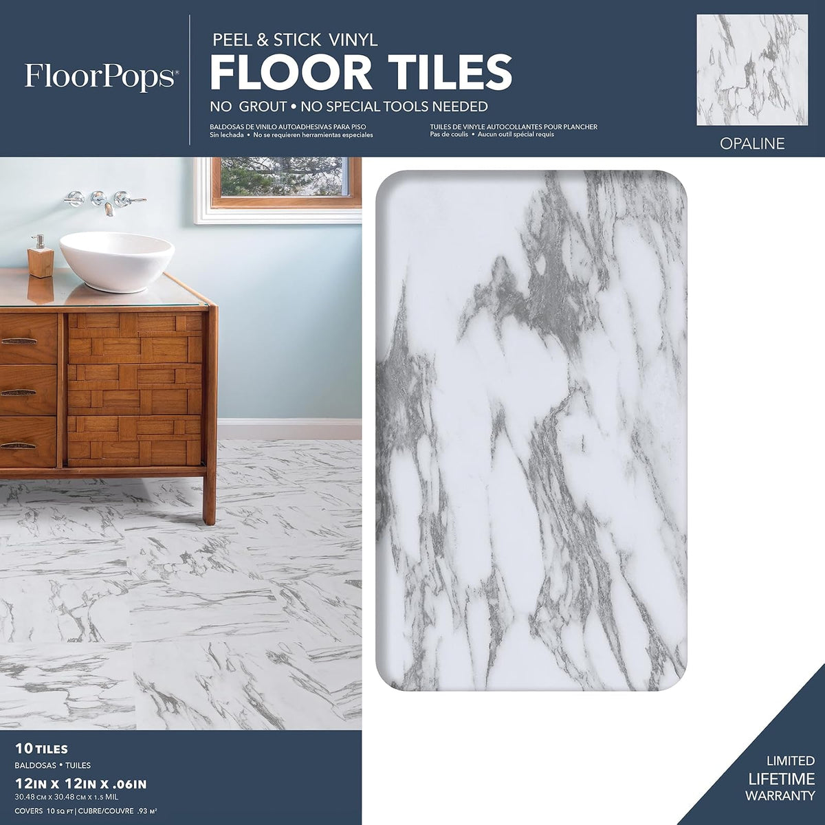 FloorPops Azulejos De Piso Opalina FP3329 | Blanco y blanquecino, 10 pies cuadrados, paquete de 1