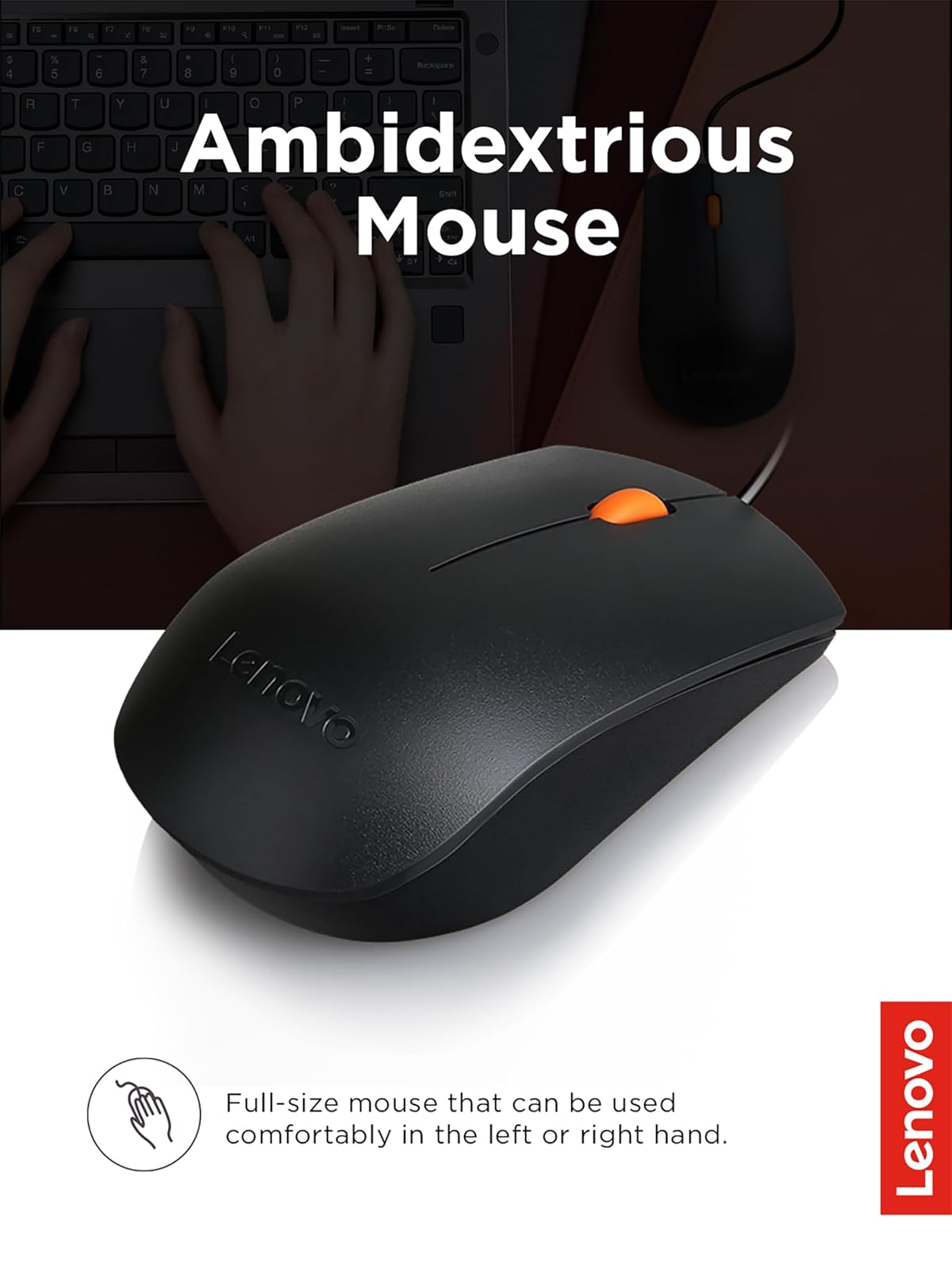 Lenovo 300 USB Combo, Teclado y Mouse con Cable de tamaño Completo, ergonómico, Mouse Izquierdo o Derecho, Mouse óptico, GX30M39606, Negro