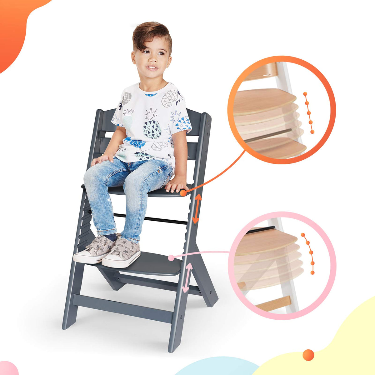 Kinderkraft ENOCK Silla Alta de Madera, Periquera Infantil, Portatil, para niños, Evolutiva silla alta, Ergonómica, Con accesorios, Barrera y Bandeja, Gris completo